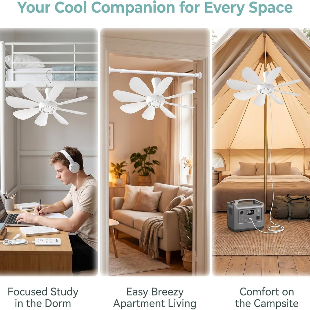 Collapsible Ceiling Fan with Remote & Light, 8 Detachable Blades, Quiet Portable Fan