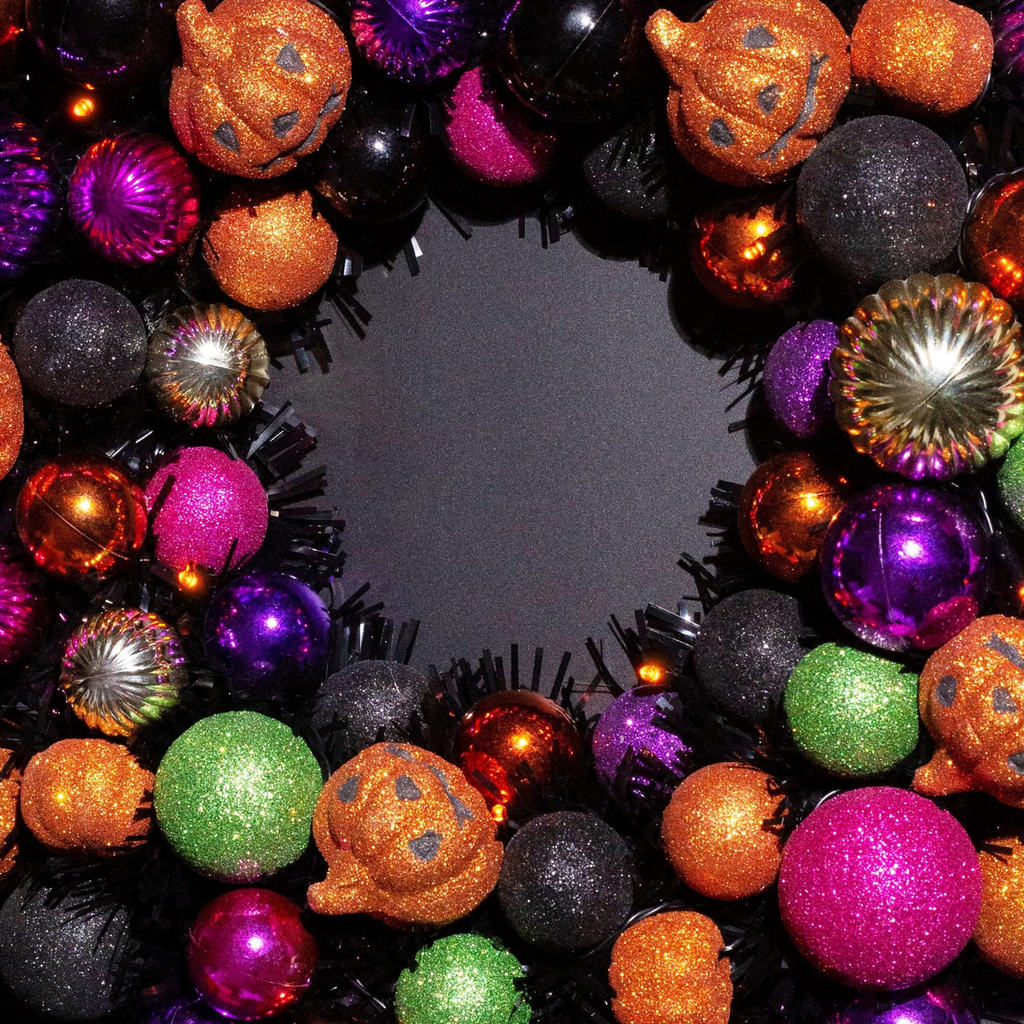 18 Inch Halloween Ball Wreath with Lights and Pumpkin Ornaments