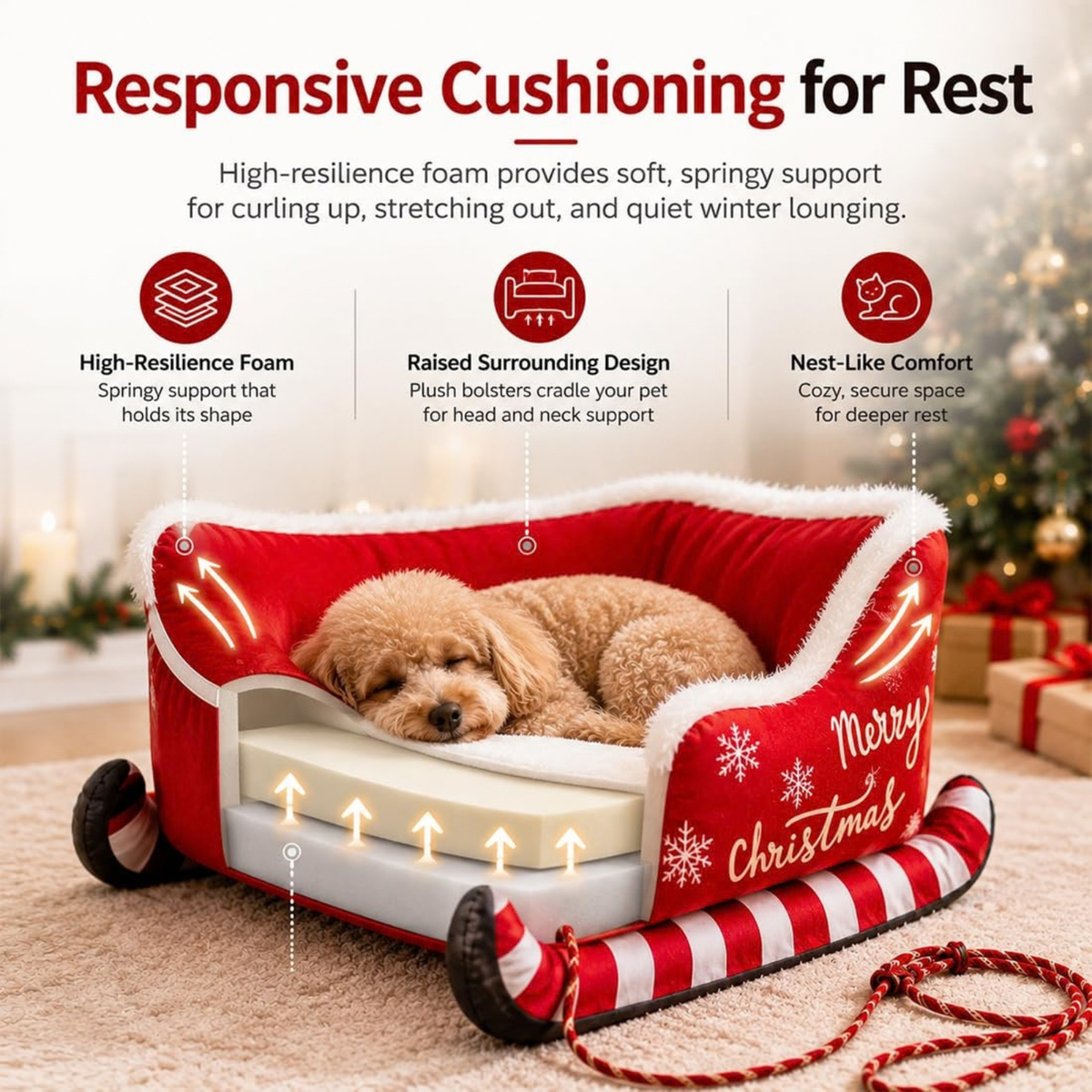 Christmas Dog Sleigh Bed, Santa Sleigh Plush Pet Sofa for Dogs & Cats