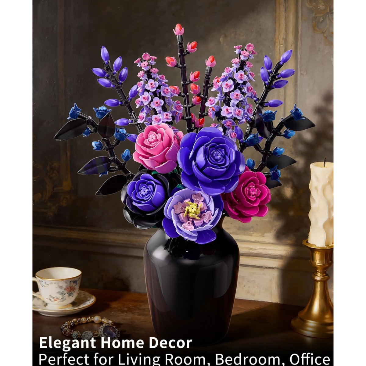 Flowers Bouquet Building Set, Purple Roses Botanical Building Blocks, Gothic Home Decor Gift