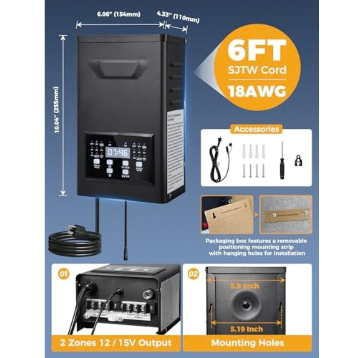 600W Low Voltage Transformer with 2 Zones,Timer & Photocell Sensor