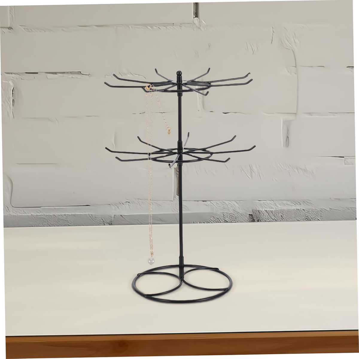 Rotating 2 Tier Necklace Display Stand with Hooks for Glasses Iron Metal Build, Black Finish, Office Desk or Vanity, Space Saving Design for Key Rings and Clutter Free Setup