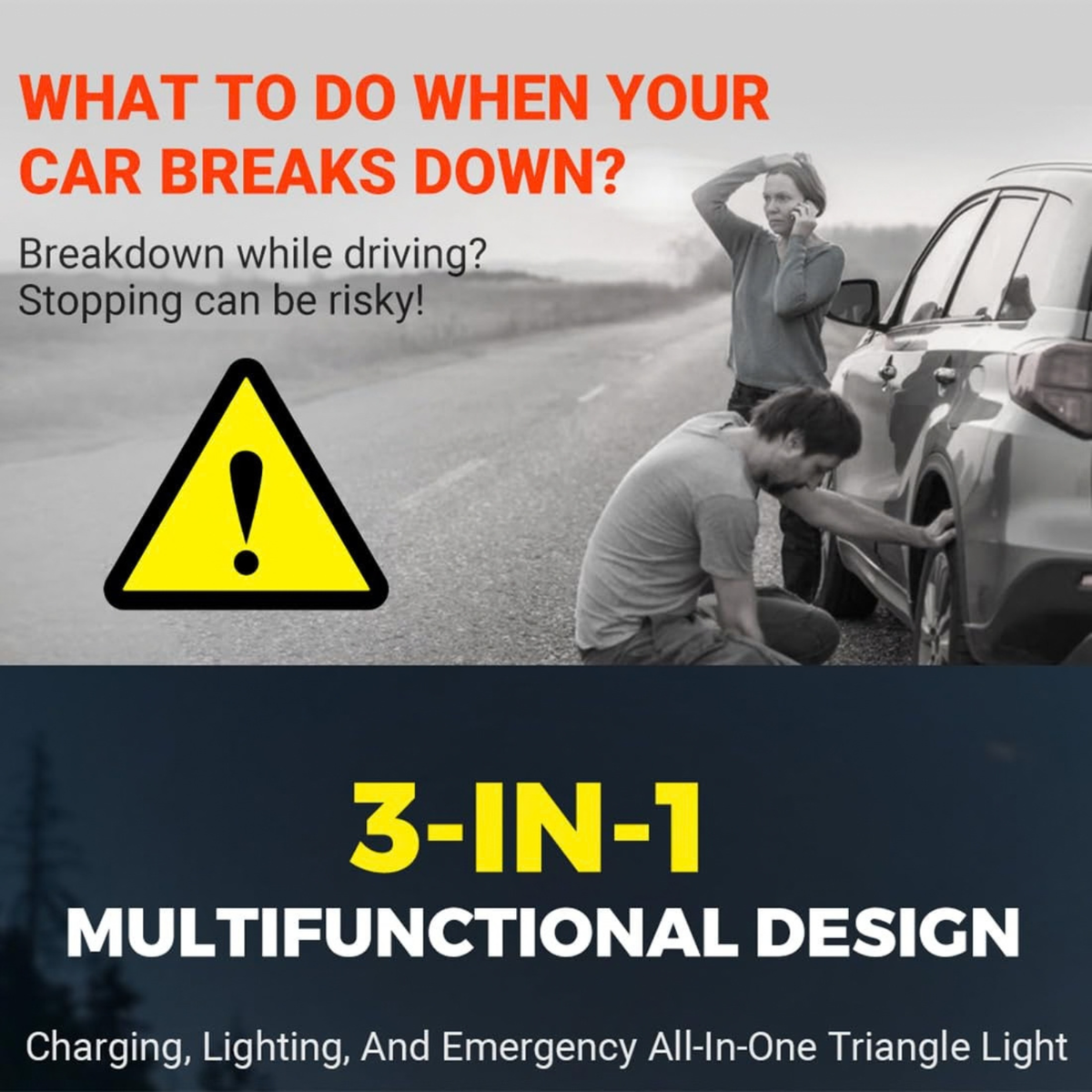 LED Emergency Triangle Warning Light, USB Rechargeable Solar Road Safety Triangle for Car Truck RV