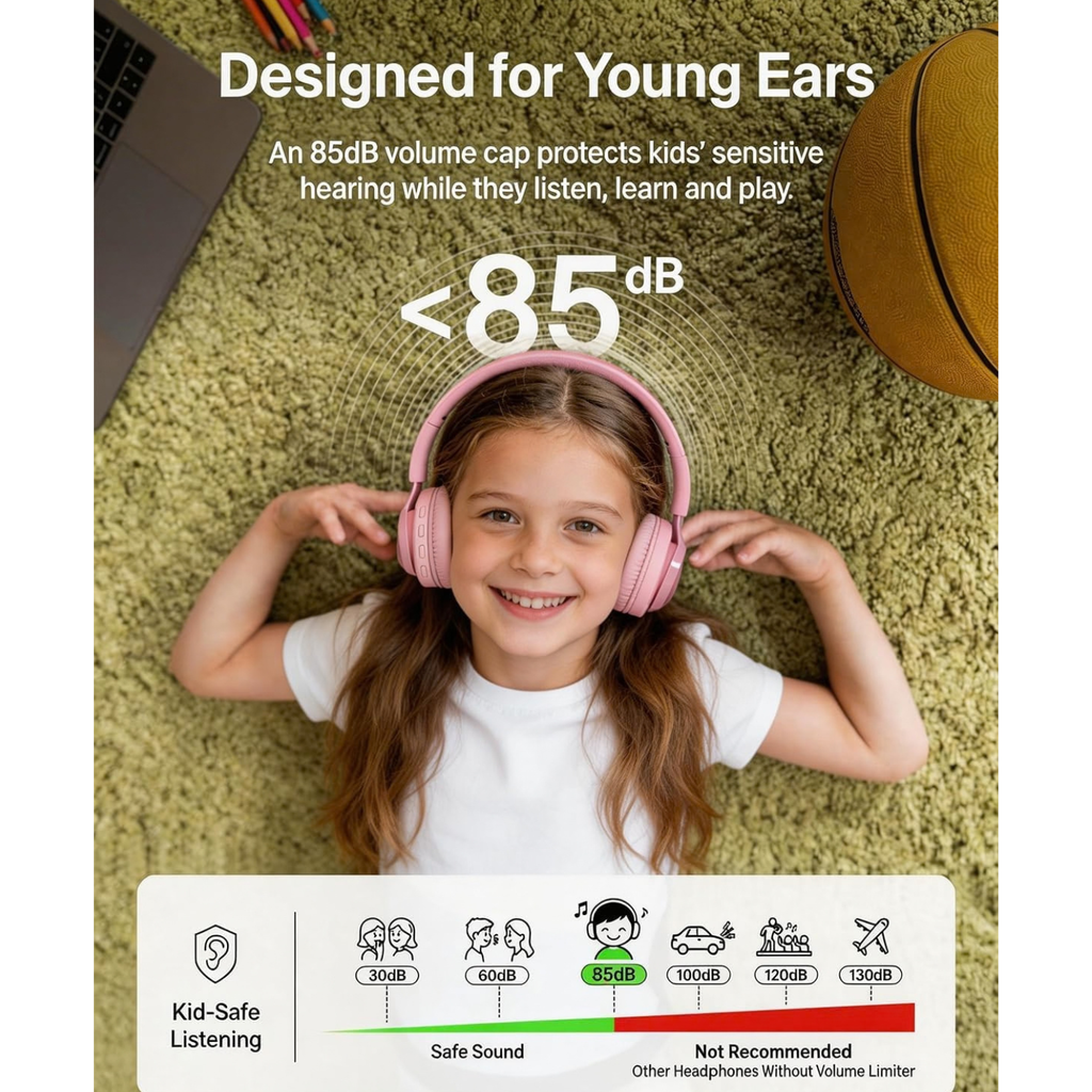 LED Bunny Kids Bluetooth Headphones, Over Ear Wired & Wireless Headset Pink