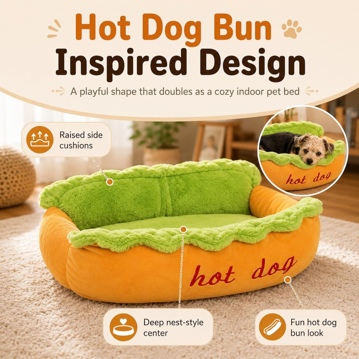 Hot Dog Bed for Dachshund, Plush Cozy Pet Sofa for Small Dogs