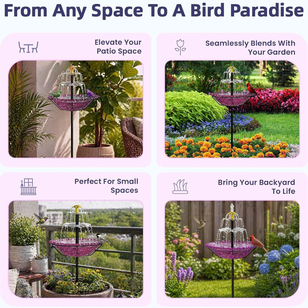 Solar Fountain Bird Bath with Stakes, Cascade Water Feature for Garden & Yard Decor (Purple)