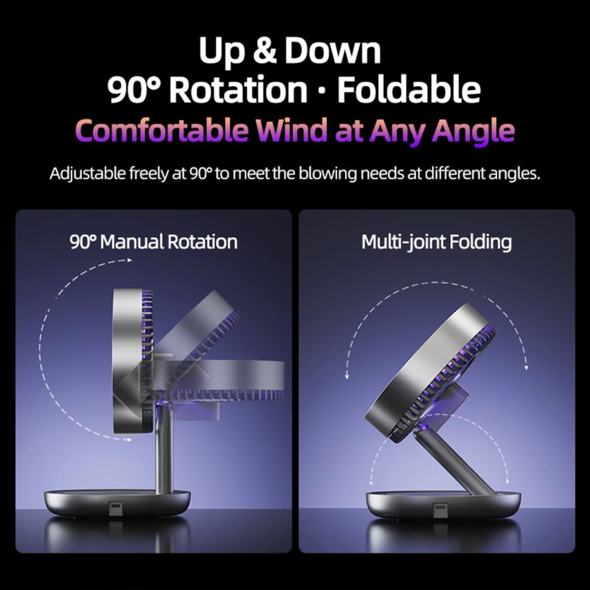 Portable Foldable Table Fan, USB Rechargeable, Quiet Adjustable Standing Fan with LED Light
