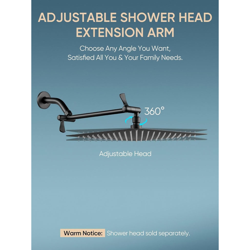 11" Solid Brass Shower Extension Arm, 360° Adjustable, Matte Black Wall Mount
