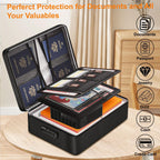 Fireproof Document Box with Lock, 8-Layer Thermal Insulated File Organizer Bag, Waterproof Leather Portable Safe Storage Box with 13 Pockets & Handle for Passports, Certificates, Laptop & Valuables