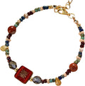 Multicolored Czech Glass Bead Bracelet, Red Carving Accent with 14K Gold-Plated Adjustable Chain