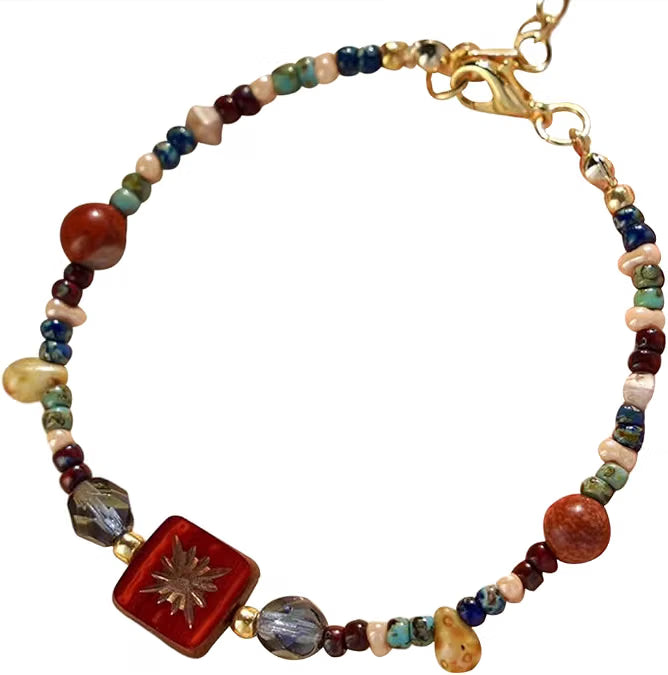 Multicolored Czech Glass Bead Bracelet, Red Carving Accent with 14K Gold-Plated Adjustable Chain