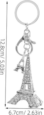 Eiffel Tower Keychain Charm with Rhinestone Zinc Alloy Silver Decor Backpack and Bag Accent, Intricate Cut Design, Versatile Style, Holiday Gifting, Longterm Use