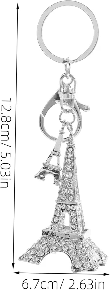 Eiffel Tower Keychain Charm with Rhinestone Zinc Alloy Silver Decor Backpack and Bag Accent, Intricate Cut Design, Versatile Style, Holiday Gifting, Longterm Use
