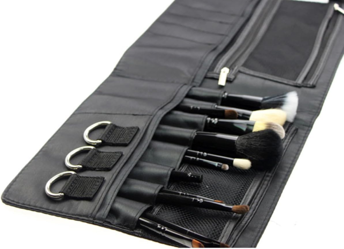 Makeup Brush Waist Bag with Adjustable Belt and 12 Holders Black Fiber Cloth Build, 7 Pouches and 3 Zippered Pockets, Holds 22 to 36 Tools