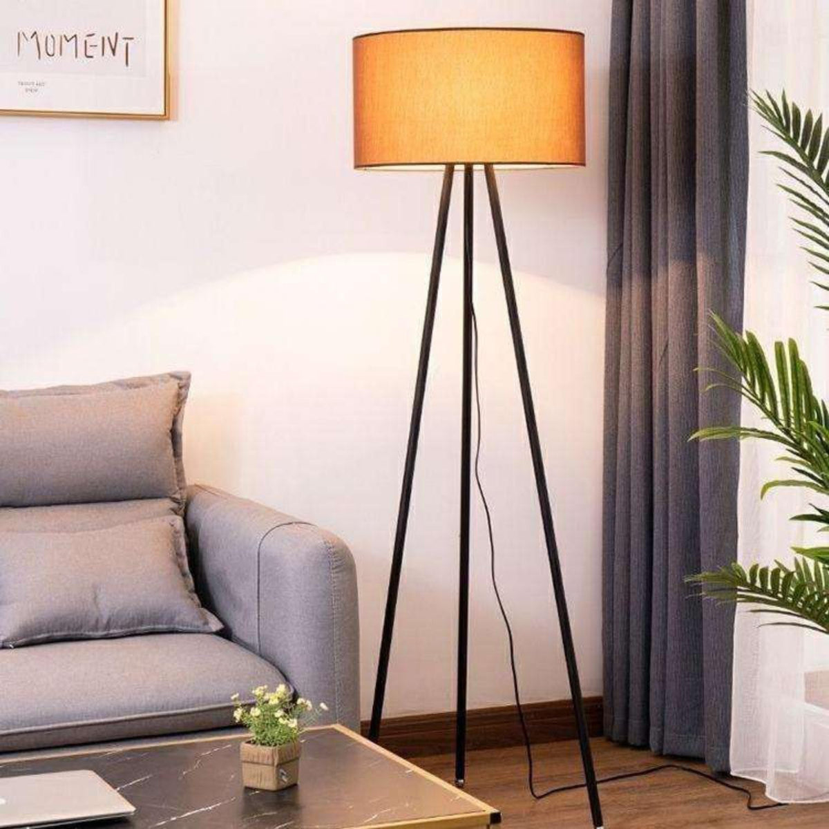 American Modern Floor Lamp Standing Pole Light Coffee Color Vertical Fabric Shade for Bedroom Living Room