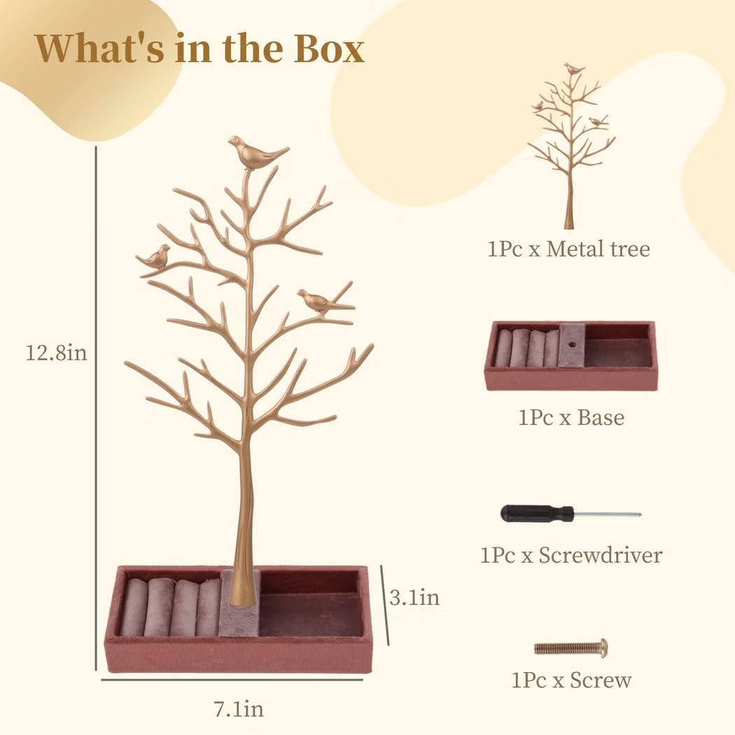 Tree Jewelry Rack with Wood Tray, Bird Jewelry Stand for Rings, Earrings, Necklaces & Bracelets