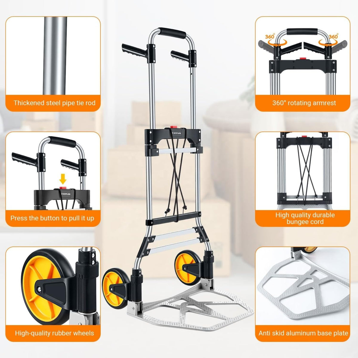 Folding Hand Truck 380 lbs Heavy Duty Aluminum Dolly Cart Collapsible Luggage Cart Portable Sack Truck