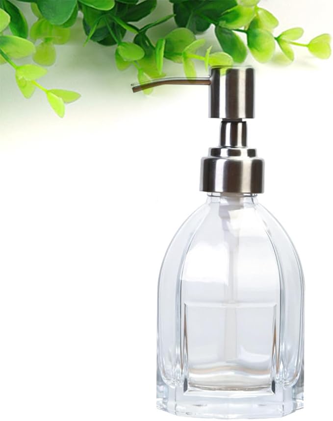 Glass Hand Bottle Dispensing Soap Press Pump Bottle Shampoo Shower Gel 210ml Capacity, Thick Glass Body with Stainless Steel Parts, Reusable Refillable Design, Spray Pump