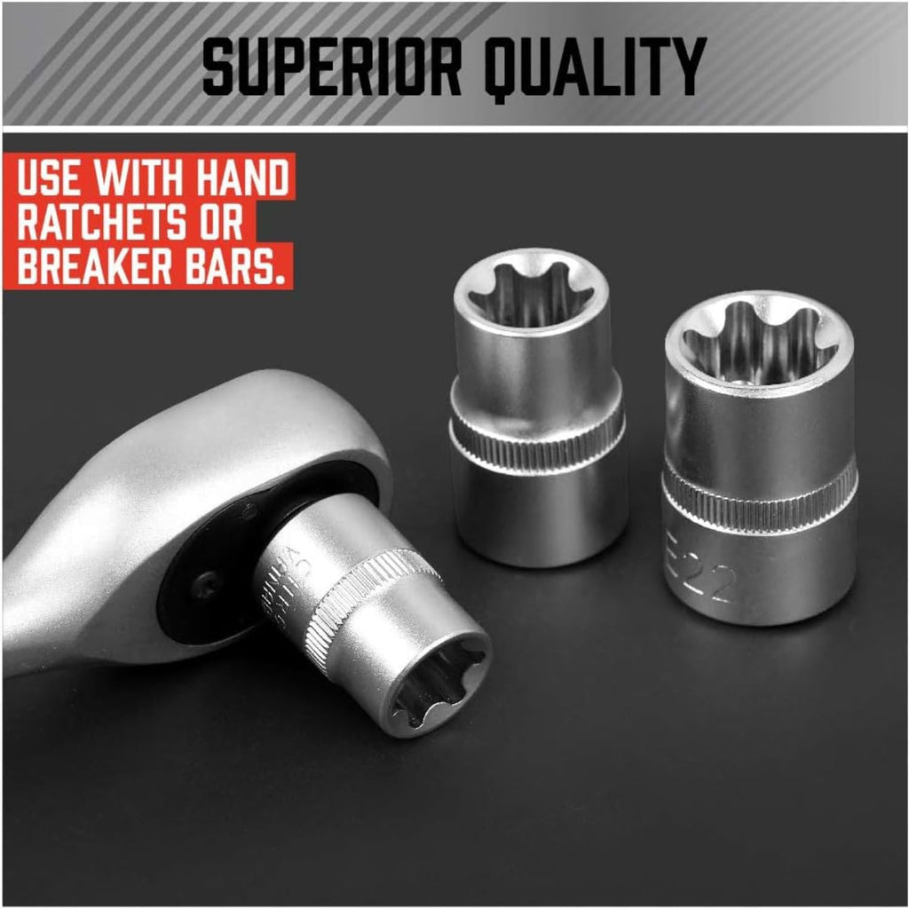14-Piece E-TORX Socket Set – Premium Female Torx Star Bit Socket Set (E4-E24), 1/4", 3/8" & 1/2" Drive External Torx Sockets, Drop Forged Heat Treated Cr-V Steel with Blow Molded Storage Case