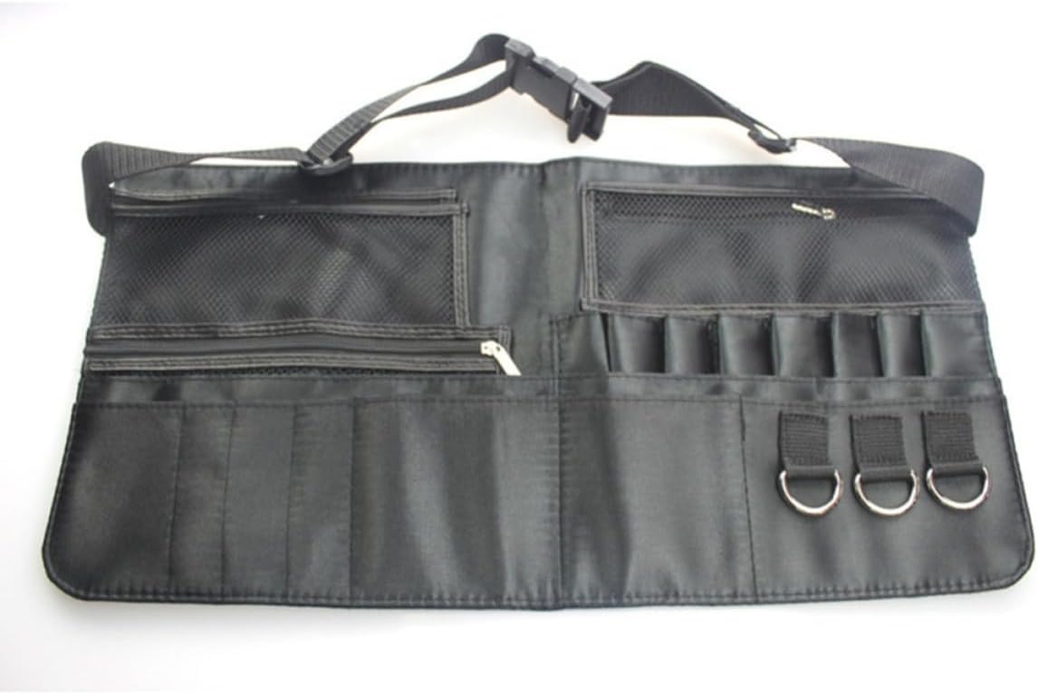 Makeup Brush Waist Bag with Adjustable Belt and 12 Holders Black Fiber Cloth Build, 7 Pouches and 3 Zippered Pockets, Holds 22 to 36 Tools