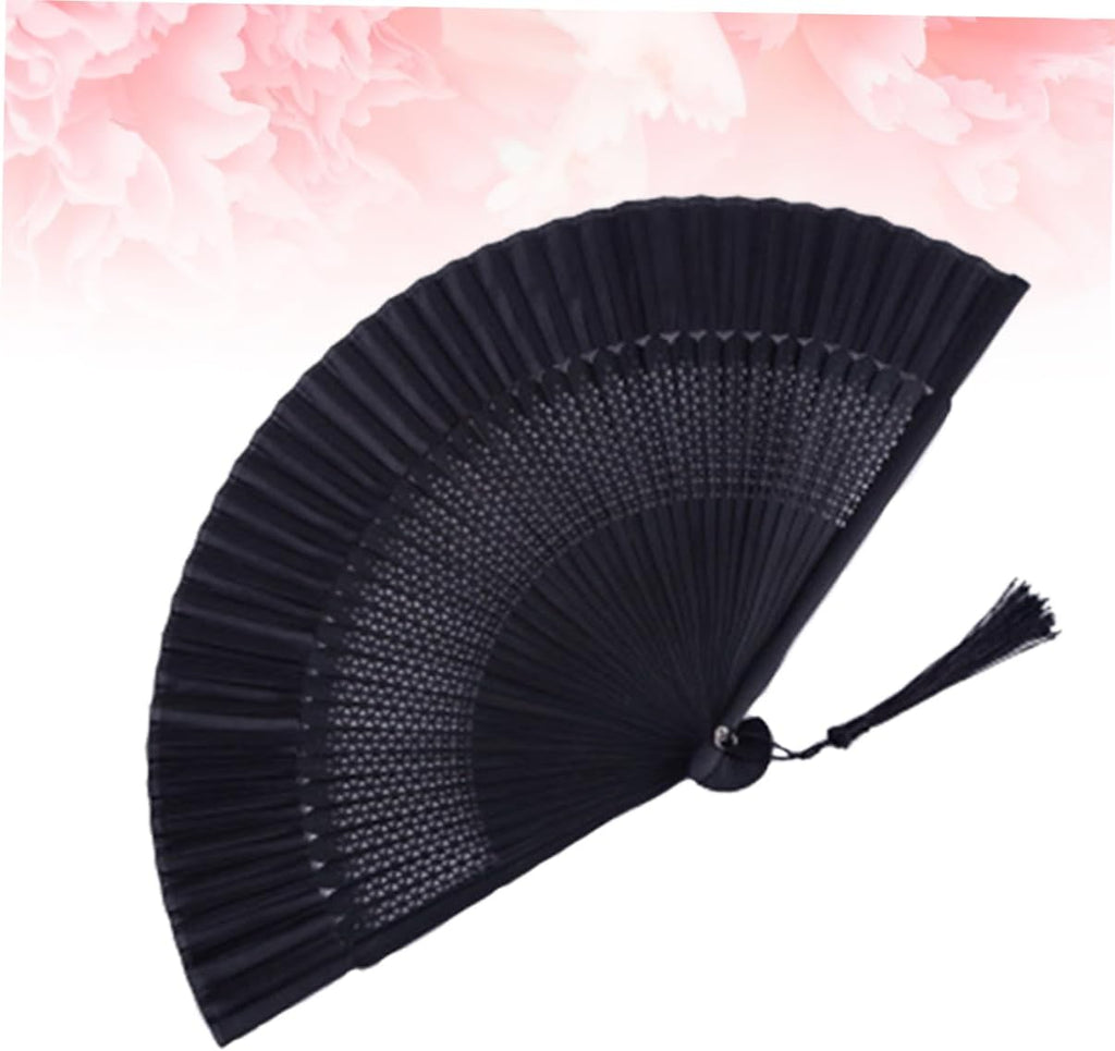 Lacquered Black Folding Fan with Tassel and Hollow Out Design Bamboo Paper Craft, Portable Daily Accessory, Black Case and Cover, for Handbags and Backpacks