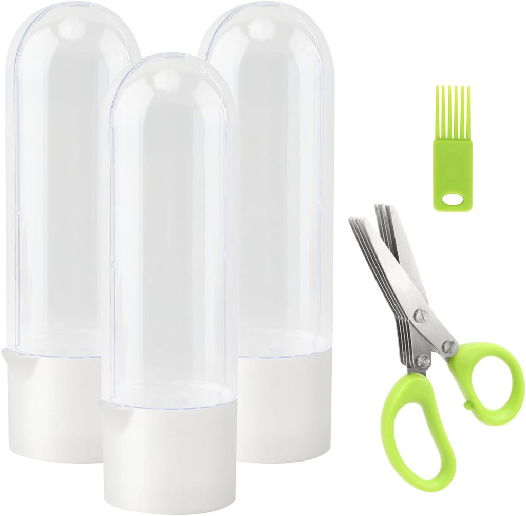 3 Pack Herb Saver for Refrigerator with 5-Blade Herb Scissors Fresh Herb Keeper Clear Preservation Bottle Cilantro Storage Container for Herbs Asparagus Mint Parsley Extends Freshness