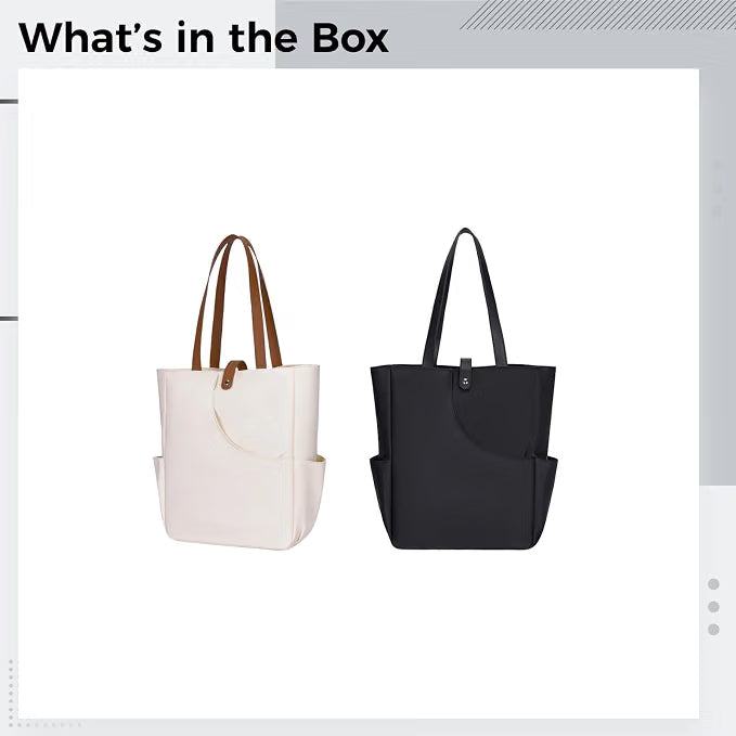 2 Pcs Tote Bags for Women, Black & White Large Capacity Shopping & Work Totes with External Pockets