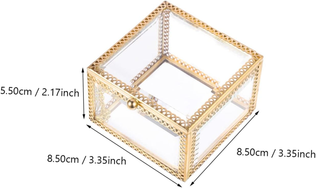 Glass Jewelry Box Decorative Storage Holder for Rings and Earrings Brass Frame, Cube Style, Home Display Accent, Gift Choice for Friends and Colleagues