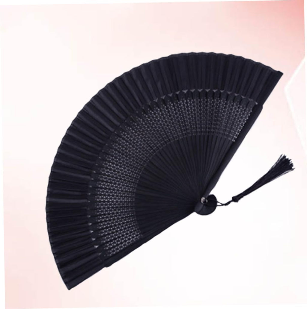 Lacquered Black Folding Fan with Tassel and Hollow Out Design Bamboo Paper Craft, Portable Daily Accessory, Black Case and Cover, for Handbags and Backpacks