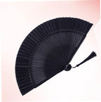 Lacquered Black Folding Fan with Tassel and Hollow Out Design Bamboo Paper Craft, Portable Daily Accessory, Black Case and Cover, for Handbags and Backpacks