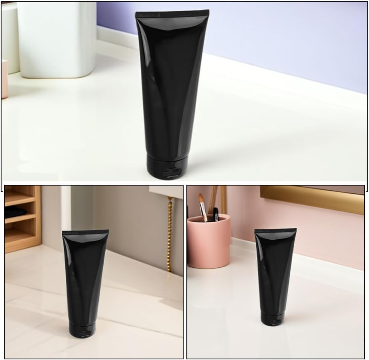 5pcs Refillable Lotion Bottle Tubes 200g Black Plastic Squeeze PP and PE Build, Glossy Finish, for Body Lotion or Body Wash, Home Bathroom Vanity Use