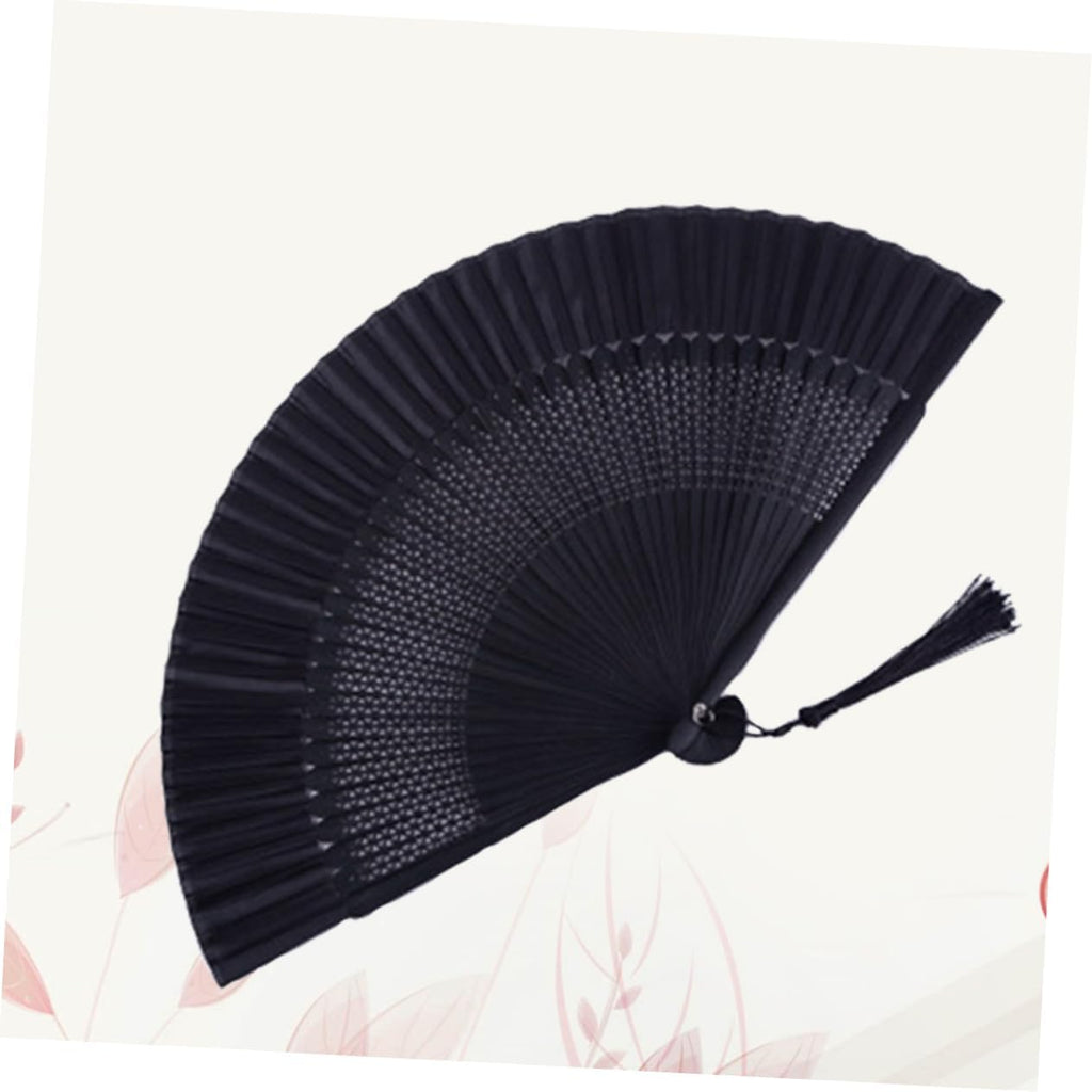 Lacquered Black Folding Fan with Tassel and Hollow Out Design Bamboo Paper Craft, Portable Daily Accessory, Black Case and Cover, for Handbags and Backpacks