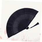 Lacquered Black Folding Fan with Tassel and Hollow Out Design Bamboo Paper Craft, Portable Daily Accessory, Black Case and Cover, for Handbags and Backpacks