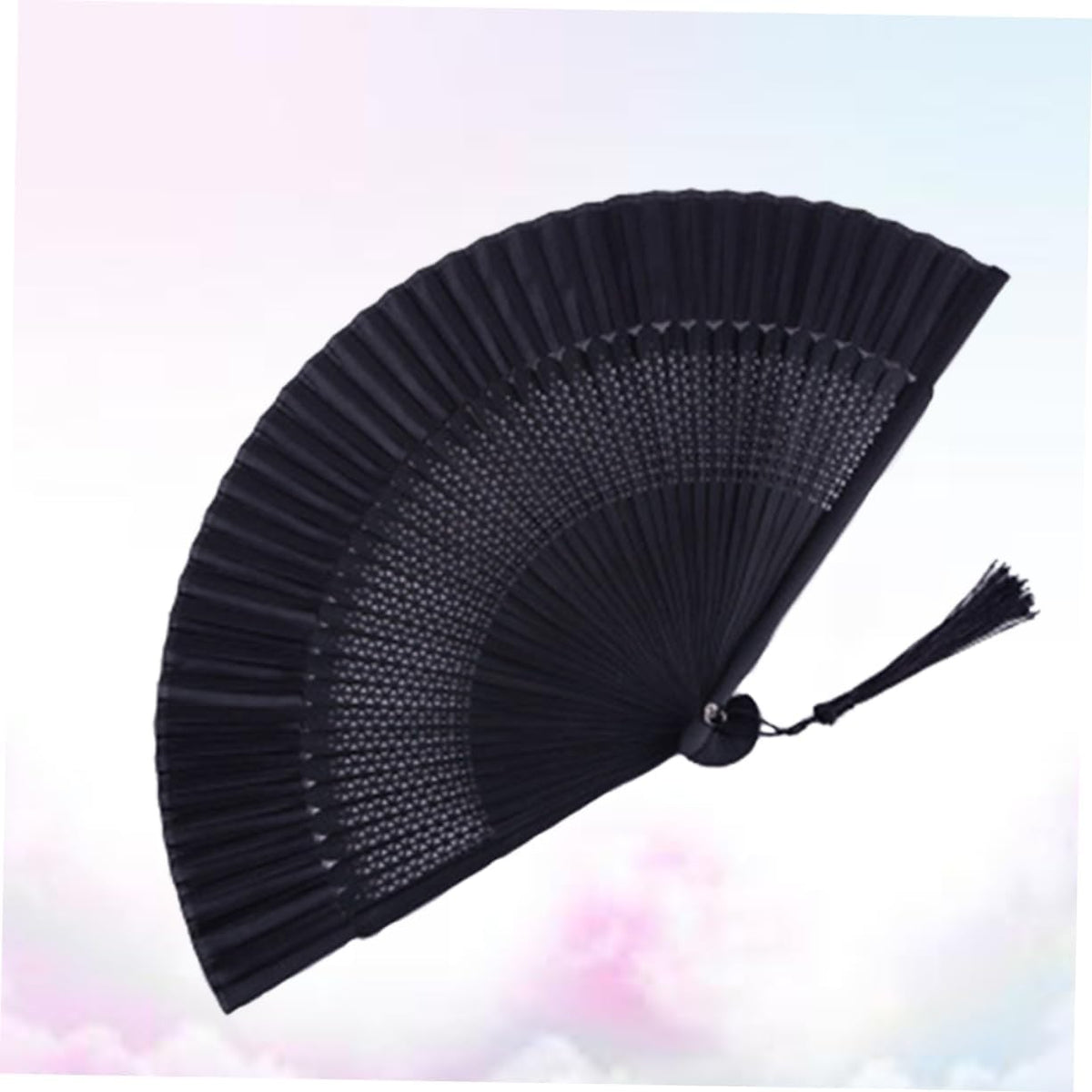Lacquered Black Folding Fan with Tassel and Hollow Out Design Bamboo Paper Craft, Portable Daily Accessory, Black Case and Cover, for Handbags and Backpacks