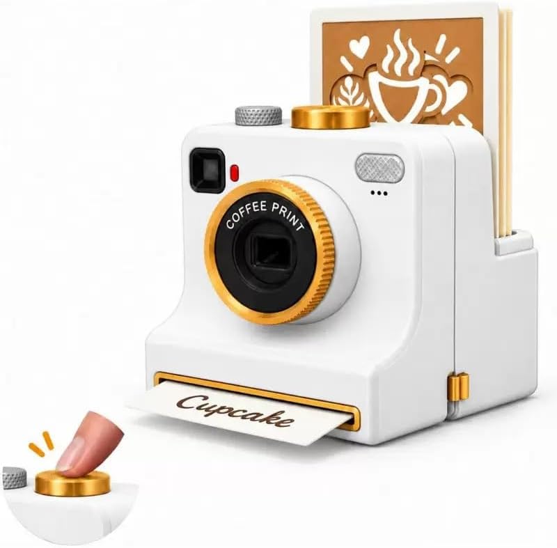 Reusable camera-shaped latte art maker with gold button and interchangeable coffee stencil cards for decorating cappuccino foam with cinnamon powder