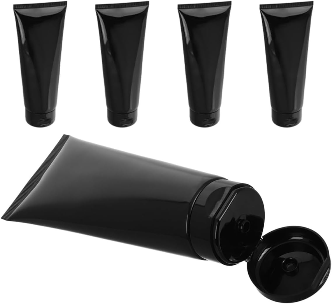 5pcs Refillable Lotion Bottle Tubes 200g Black Plastic Squeeze PP and PE Build, Glossy Finish, for Body Lotion or Body Wash, Home Bathroom Vanity Use