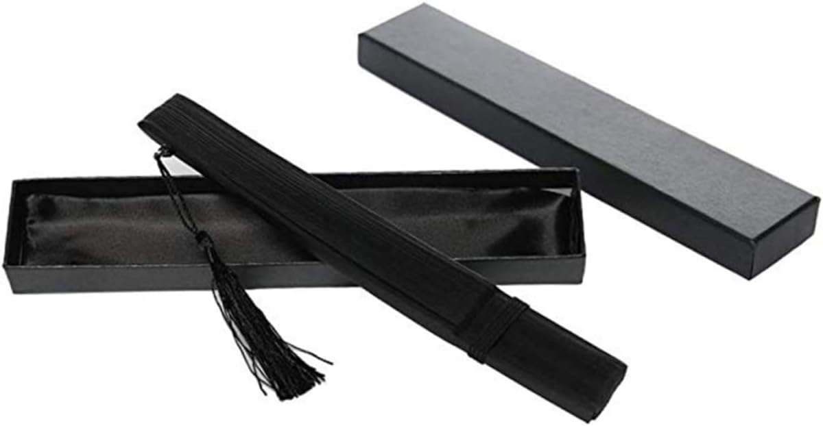 Lacquered Black Folding Fan with Tassel and Hollow Out Design Bamboo Paper Craft, Portable Daily Accessory, Black Case and Cover, for Handbags and Backpacks