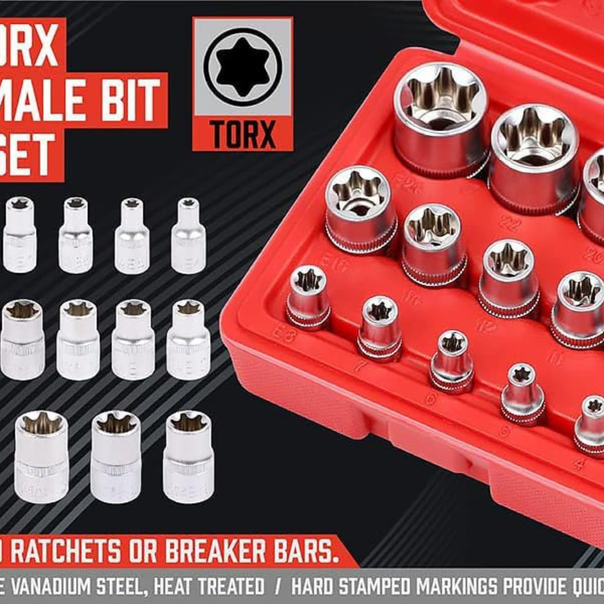 14-Piece E-TORX Socket Set – Premium Female Torx Star Bit Socket Set (E4-E24), 1/4", 3/8" & 1/2" Drive External Torx Sockets, Drop Forged Heat Treated Cr-V Steel with Blow Molded Storage Case