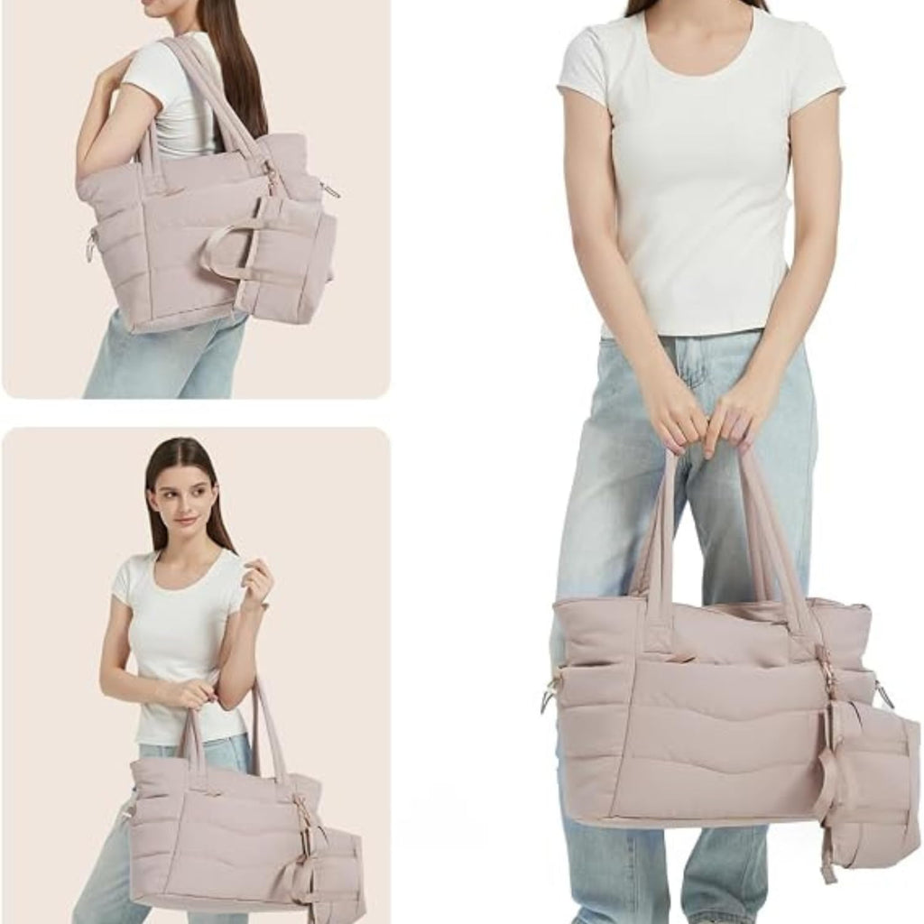 Puffer Work Tote Bag with Tumbler Holder, 2 Pcs Set Nurse Bag with 15.6 Inch Padded Laptop Sleeve & Trolley Sleeve