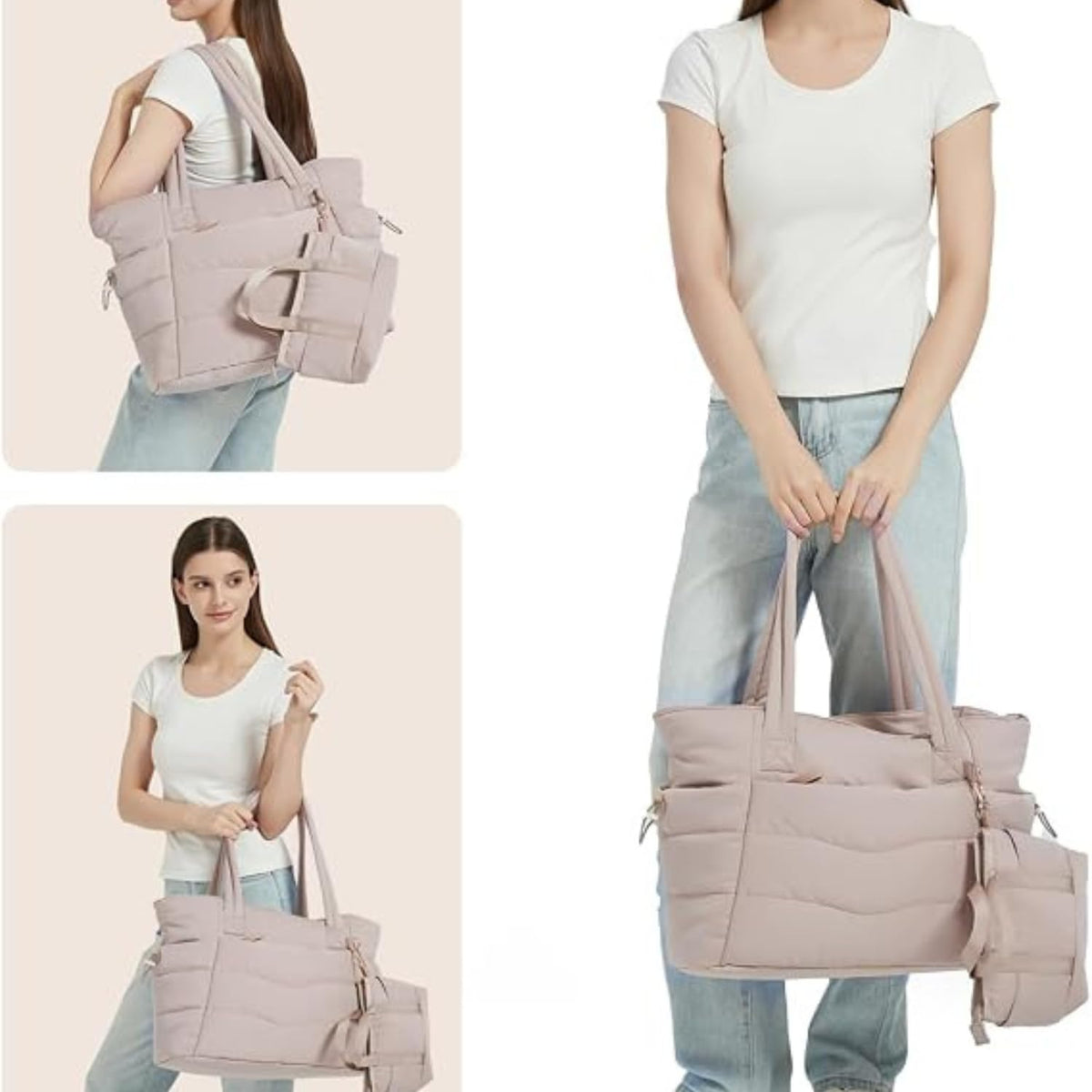 Puffer Work Tote Bag with Tumbler Holder, 2 Pcs Set Nurse Bag with 15.6 Inch Padded Laptop Sleeve & Trolley Sleeve