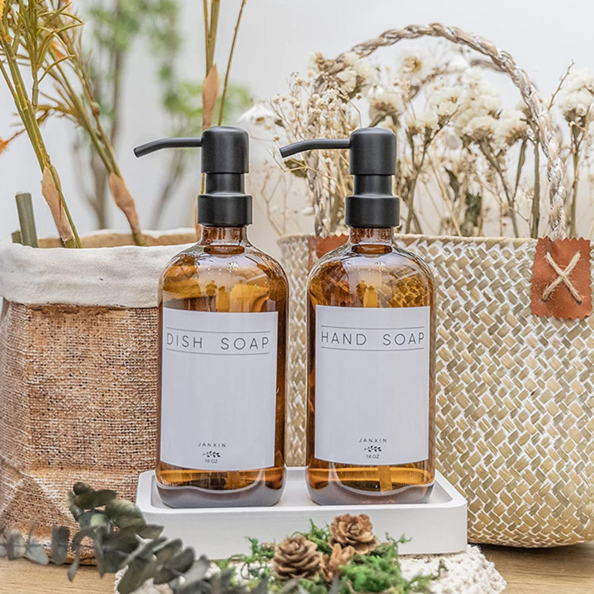 16 oz Amber Glass Soap Dispenser Set with 304 Stainless Steel Pumps – 480ml Refillable Kitchen Dish & Hand Soap Dispenser Bottles with White Catch Tray & Waterproof Labels