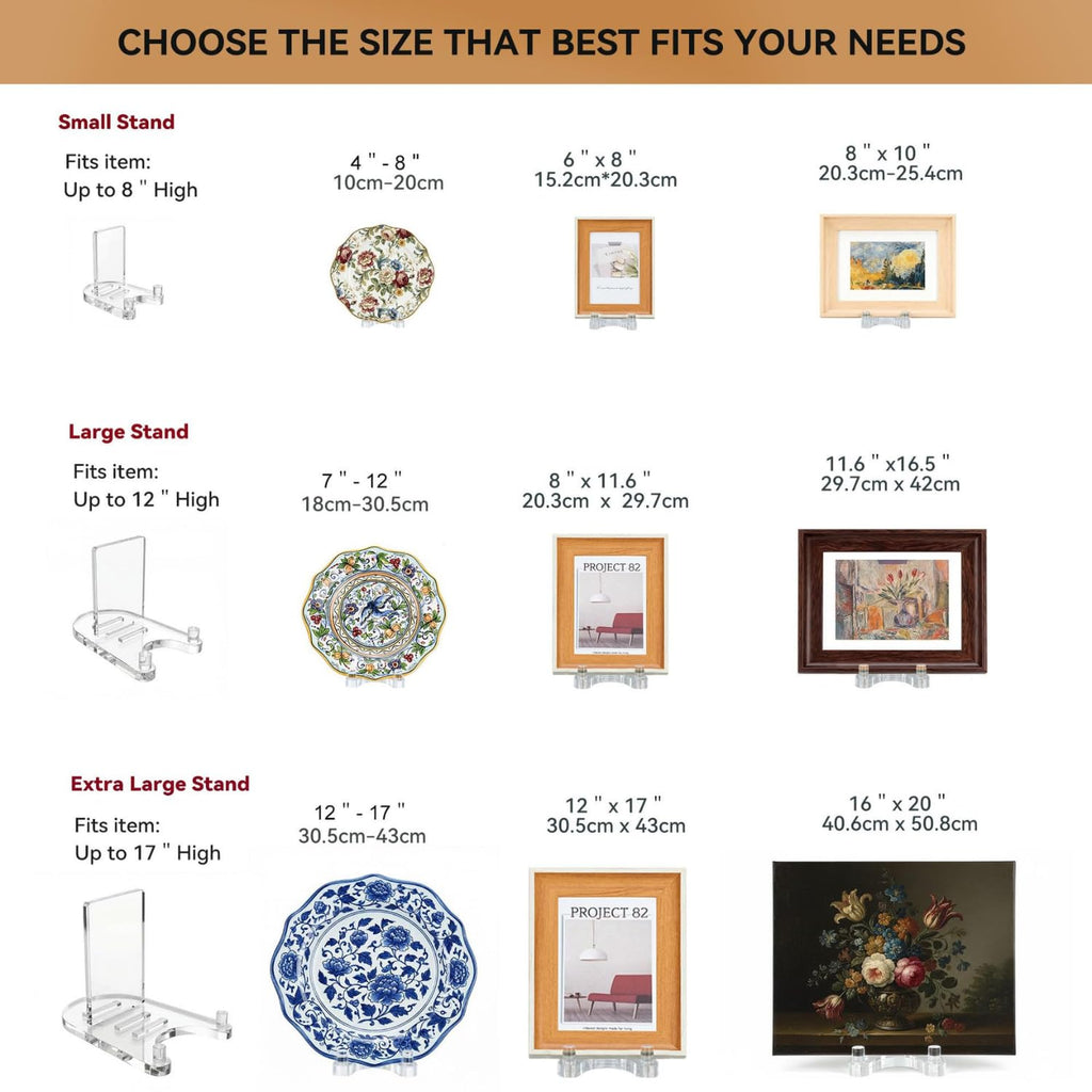 Clear Acrylic Plate Display Stand Holder - Adjustable Heavy Duty Easel Riser for Decorative Dishes Picture Frames Art Canvas Plaques Tabletop Picture Frame Holder Racks for Indoor Home Decor
