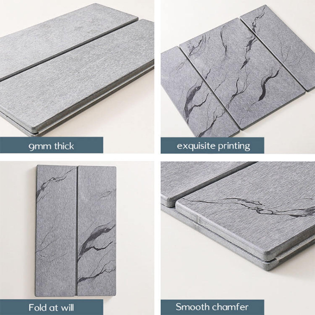Triple Folding Diatomaceous Earth Dish Drying Mat - 9mm Thick Super Absorbent Hard Stone Drying Mat for Kitchen Countertop, Fast Drying Marble Pattern Heat Resistant Counter Mat, Space Saving