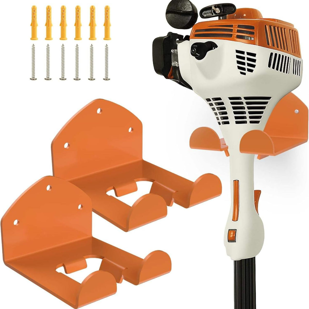 Upgraded Trimmer Rack Wall Mount - 8 Inch Heavy Duty Weed Eater Hanger for Garage Wall - Thickened Steel Garden Power Tool Organizer Bracket for String Trimmer, Lawn Mower & Hose, Orange