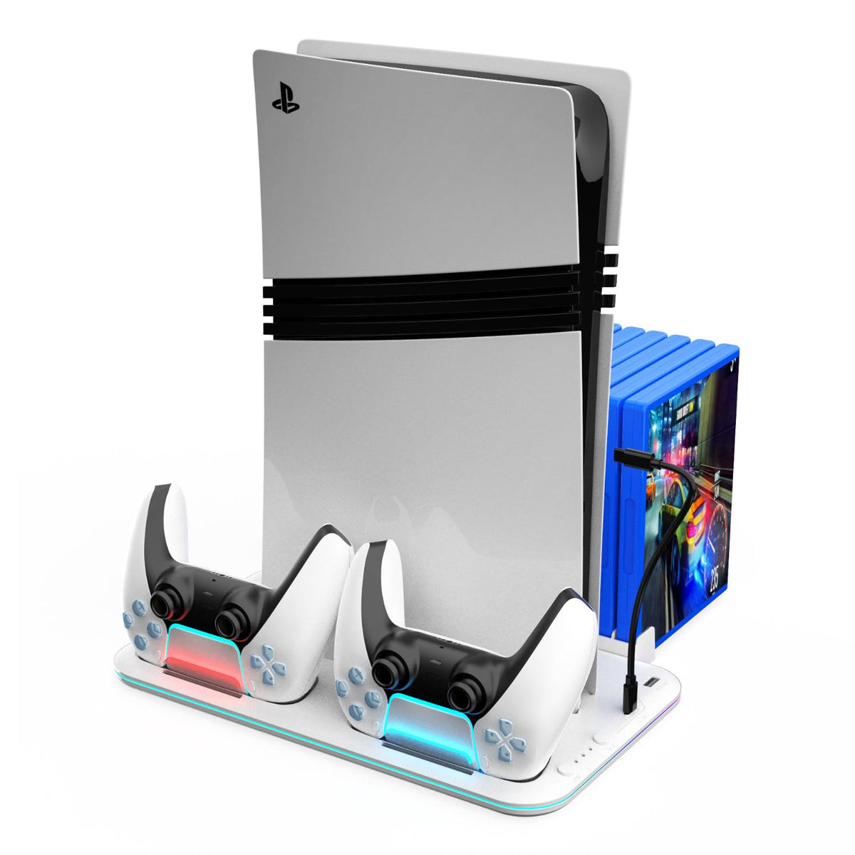 White Vertical Cooling Stand with Dual Controller Charging Dock, Silent Cooling Fan Base, Headset Holder & Media Slots for Disc & Digital Edition Consoles with Type-C Cable