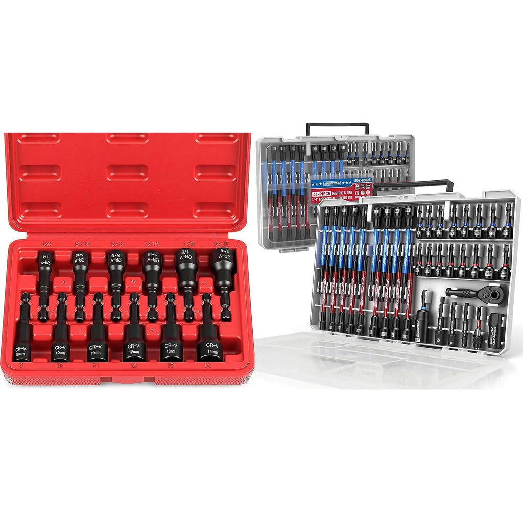 53-Piece Master Magnetic Impact Nut Driver Set – 1/4" Hex Shank Standard & Extended 6" Deep Nut Setters, SAE & Metric Sockets, Wing Nut Driver, Ratchet Wrench & Socket Adapters with Storage Cases