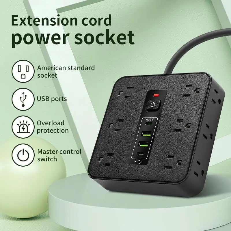 Surge Protector Power Strip - 12 Outlets with 4 USB Ports (1 USB C), 16-in-1 Extension Cord with 5ft Flat Plug