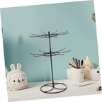 Rotating 2 Tier Necklace Display Stand with Hooks for Glasses Iron Metal Build, Black Finish, Office Desk or Vanity, Space Saving Design for Key Rings and Clutter Free Setup