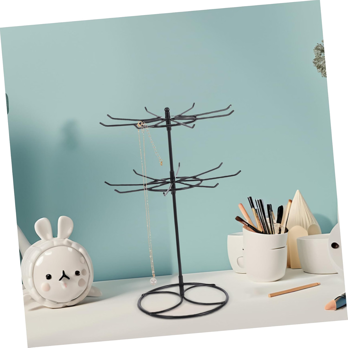 Rotating 2 Tier Necklace Display Stand with Hooks for Glasses Iron Metal Build, Black Finish, Office Desk or Vanity, Space Saving Design for Key Rings and Clutter Free Setup