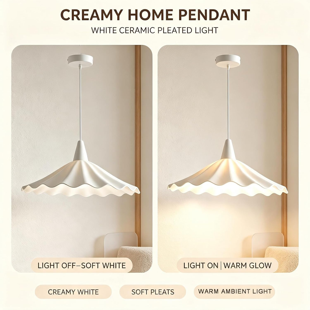 11.8" White Wavy Ceramic Pendant Light Shade, Vintage E26 Ceiling Light for Dining Room & Kitchen Island